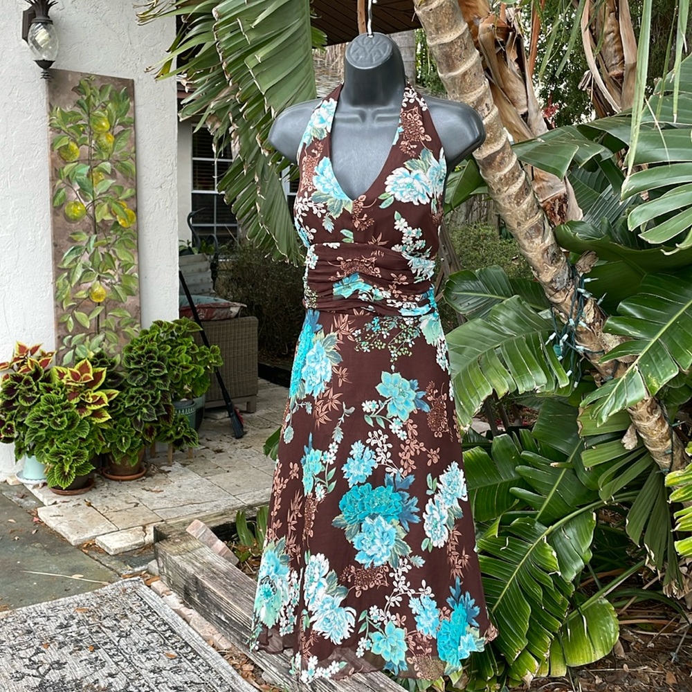 Robbie be hundred percent silk beaded, floral, fit, and flare halter dre…